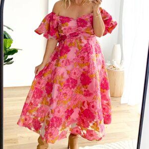 Tulliah Off Shoulder Midi Dress – Pink Jacquard – AU 18 (US 14) - NEVER WORN!